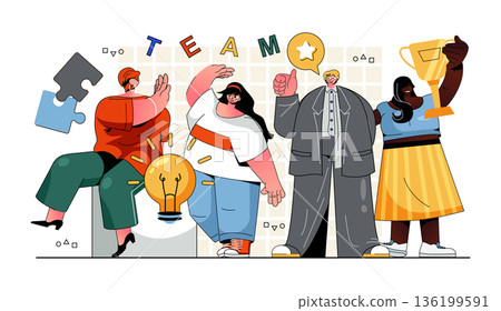 Teamwork concept for modern web design. People colleagues collaborate on project, brainstorming new ideas, developing business, winning awards. Flat vector illustration isolated on white background. Teamwork concept for modern web design. People colleagues collaborate on project, brainstorming new ideas, developing business, winning awards. Flat vector illustration isolated on white background. 136199591