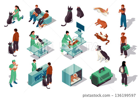 Vet clinic 3d isometric set. Collection isolated flat elements of veterinary doctor diagnostic, x-ray, animal hospital, dogs and cats, treatment, grooming service, carrying more. Vector illustration. 136199597