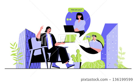 Video conference concept for modern web design. People connecting and talking with friends on zoom, making online call using laptop at home. Flat vector illustration isolated on white background. 136199599