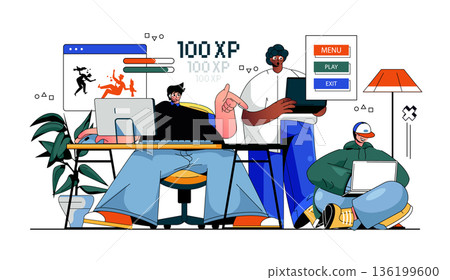 Video game concept for modern web design. People playing games online, gaming by computer or laptop, team taking part in e-sport competition. Flat vector illustration isolated on white background. 136199600