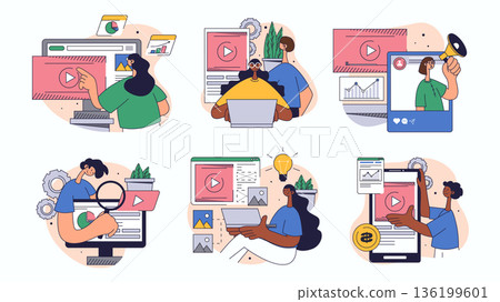 Video marketing concept set for web design. Collection with people creating content, making advertising campaigns, promoting in blogs, more. Flat vector illustration isolated on white background. Video marketing concept set for web design. Collection with people creating content, making advertising campaigns, promoting in blogs, more. Flat vector illustration isolated on white background. 136199601