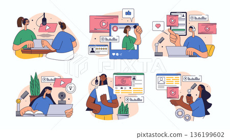 Video and podcast concept set for web design. Collection with people broadcasting online, recording talks in mic at studio, streaming live, more. Flat vector illustration isolated on white background. 136199602
