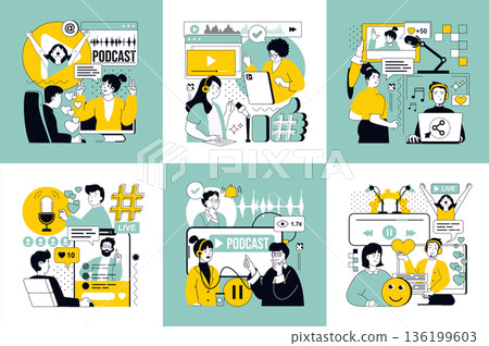 Video podcast concept of social media banners set for web design. People recording conversation in studio, creating audio interview, broadcasting live, making talk streaming. Vector illustrations. 136199603