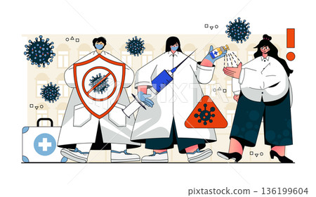Virus protection concept for modern web design. People protecting against disease, stop pandemic spread doctors doing vaccinations and treatment. Flat vector illustration isolated on white background. Virus protection concept for modern web design. People protecting against disease, stop pandemic spread doctors doing vaccinations and treatment. Flat vector illustration isolated on white background. 136199604
