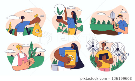 World environment day concept set for web design. Collection with picking garbage, recycling, using alternative energy, organic farming, more. Flat vector illustration isolated on white background. 136199608
