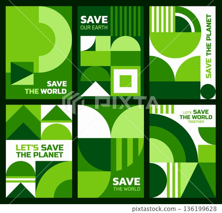 Save the Earth posters with geometric Bauhaus patterns. Environment protection and ecology saving vector banners or flyers. Save planet nature, Earth day posters with abstract Bauhaus shapes pattern Save the Earth posters with geometric Bauhaus patterns. Environment protection and ecology saving vector banners or flyers. Save planet nature, Earth day posters with abstract Bauhaus shapes pattern 136199628