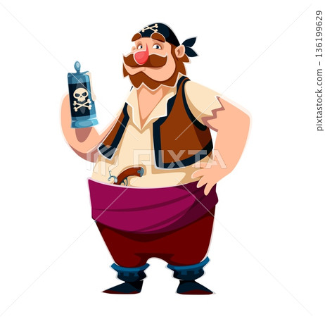 Cartoon chubby pirate vector character. Corsair bearded man with red trousers, cream shirt and purple sash holds a large beer tankard with a skull and crossbones. Pirate with red nose for kids party Cartoon chubby pirate vector character. Corsair bearded man with red trousers, cream shirt and purple sash holds a large beer tankard with a skull and crossbones. Pirate with red nose for kids party 136199629