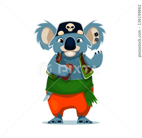 Cartoon koala bear pirate or corsair animal vector character smoking pipe. Caribbean corsair koala with dice in cup in orange trousers, green belt and Caribbean captain sailor black hat with skull 136199662
