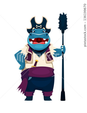 Cartoon hippo animal pirate vector character smiling widely with small sword on his belt and a mace in his hand. Corsair hippo with expressive face, dressed in trousers and vest as Caribbean sailor Cartoon hippo animal pirate vector character smiling widely with small sword on his belt and a mace in his hand. Corsair hippo with expressive face, dressed in trousers and vest as Caribbean sailor 136199670