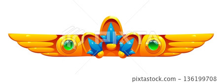 Ancient Egypt ornament, Egyptian divider frame and border. Cartoon decorative badge with golden wings, green gems, and central blue floral accents. Vector fantasy game icon, asset or magical relic 136199708