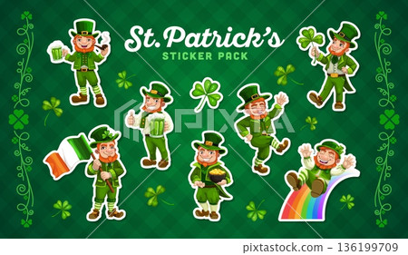 Leprechaun character stickers pack for Happy St Patrick day of Irish holiday, cartoon vector. Stickers with funny leprechaun characters on rainbow with Ireland flag or with green ale beer and clover Leprechaun character stickers pack for Happy St Patrick day of Irish holiday, cartoon vector. Stickers with funny leprechaun characters on rainbow with Ireland flag or with green ale beer and clover 136199709