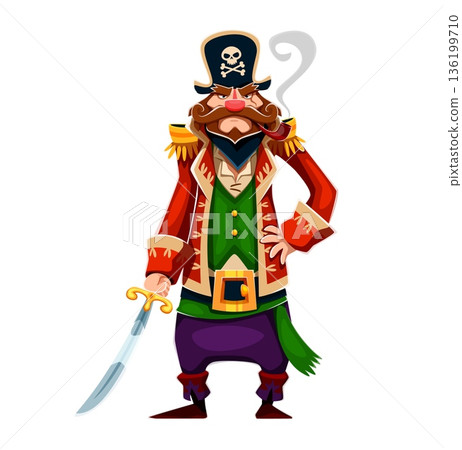 Cartoon pirate captain vector character holds a sharp curved sword and smoking pipe. Caribbean pirate character or corsair wearing red jacket with golden epaulettes, green shirt and purple trousers 136199710