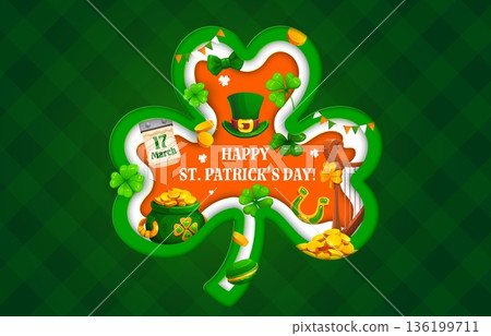 Happy St Patrick s day paper cut shamrock clover shape greeting card. Cartoon pot with golden coins, leprechaun hat, luck horseshoe, macaroon, bow tie, calendar, harp, and cell on green background Happy St Patrick s day paper cut shamrock clover shape greeting card. Cartoon pot with golden coins, leprechaun hat, luck horseshoe, macaroon, bow tie, calendar, harp, and cell on green background 136199711