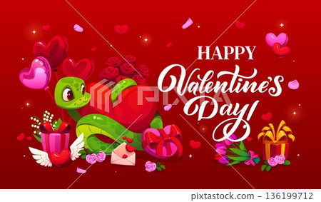 Happy Valentine day greeting card with lovely snake. Vector banner with adorable cute green reptile holding large heart surrounded by balloons flowers, love letters and gift on romantic red background Happy Valentine day greeting card with lovely snake. Vector banner with adorable cute green reptile holding large heart surrounded by balloons flowers, love letters and gift on romantic red background 136199712