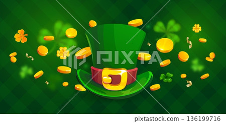 Happy St Patrick Day holiday background with leprechaun hat and golden coins, vector banner. Saint Patrick Irish holiday background with plaid pattern and splash of golden coins with shamrock clovers 136199716