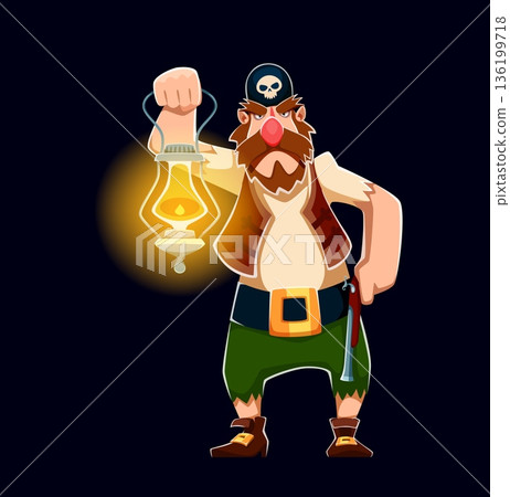 Cartoon pirate character standing on guard with lantern glowing in the dark. Pirate man in black hat, brown vest with golden belt buckle and sturdy shoes. Caribbean pirate or corsair sailor character 136199718