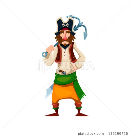 Brave corsair and pirate sailor character in tricorn hat. Cartoon personage carrying ship's anchor over his shoulder with pistol and cutlass at his belt. Rugged vector character for pirate games 136199736