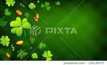 Happy St Patrick Day holiday background with shamrock clover leaves, vector banner. Saint Patrick Irish holiday background with splash of leprechaun gold coins and clover leaves on plaid pattern 136199737