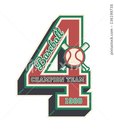 Varsity sport patch label, retro emblem featuring the number 4, crossed baseball bats and ball in the center. Vector badge for champion team uniform, college vintage sports apparel and stickers Varsity sport patch label, retro emblem featuring the number 4, crossed baseball bats and ball in the center. Vector badge for champion team uniform, college vintage sports apparel and stickers 136199738