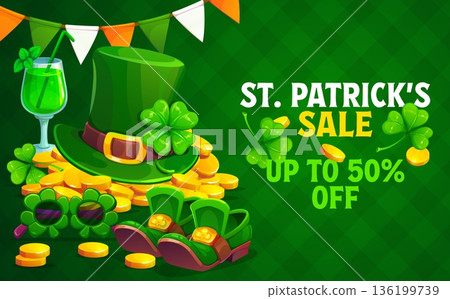 St Patricks day sale banner. Saint Patrick sale offer vector card, spring season discount flyer with leprechaun top hat, sunglasses and shoes, golden coins, Ireland garland, cocktail and clovers 136199739