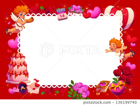 Valentine day greeting card, decorative frame with cupids, roses, hearts, cake, gifts, engagement ring, calendar showing February 14, and romantic details surrounding a blank white space for messages Valentine day greeting card, decorative frame with cupids, roses, hearts, cake, gifts, engagement ring, calendar showing February 14, and romantic details surrounding a blank white space for messages 136199740