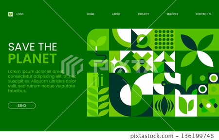 Environment ecology company landing page with geometric Bauhaus pattern. Ecology protection vector landing page, nature saving site web page. Environment protection website with Bauhaus green shapes Environment ecology company landing page with geometric Bauhaus pattern. Ecology protection vector landing page, nature saving site web page. Environment protection website with Bauhaus green shapes 136199748