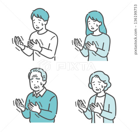 Illustration set of men and women of all ages who are troubled by numbness and tremors in their hands (diabetes, cerebral infarction, Parkinson's disease) Illustration set of men and women of all ages who are troubled by numbness and tremors in their hands (diabetes, cerebral infarction, Parkinson's disease) 136199753