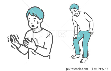 一組插圖，描繪了一名男子四肢麻木和震顫（糖尿病性神經病變、手套襪型、腦部疾病）的症狀。 136199754