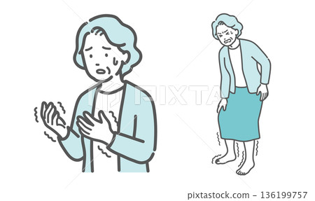 一組老年婦女四肢麻木和震顫的插圖（中風、風濕病、糖尿病） 136199757