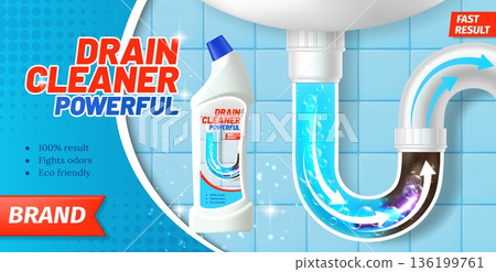 Pipe drain cleaner product plastic bottle. Pipe shows cleaning effect with arrows, bubbles and glowing liquid removing dirt and blockages, 3d vector effective cleaning action against clogs and buildup 136199761