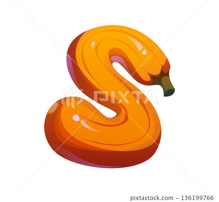 Cartoon letter S shaped like butternut pumpkin vegetable, agriculture typeface, farm font, harvest type, funny English alphabet. Vector gardening, healthy food abc character as orange curved gourd Cartoon letter S shaped like butternut pumpkin vegetable, agriculture typeface, farm font, harvest type, funny English alphabet. Vector gardening, healthy food abc character as orange curved gourd 136199766