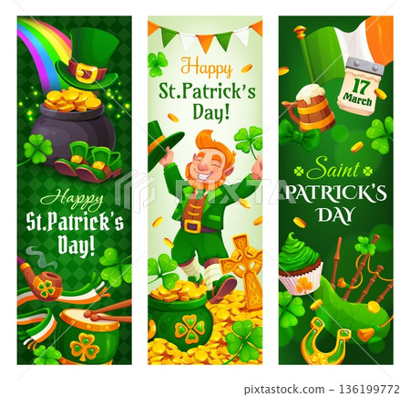 Happy St Patrick's day holiday vertical banners. Irish holiday party vector greeting card or flyers. Saint Patrick day banners with cute leprechaun, gold coins in pot, musical instruments and shamrock 136199772