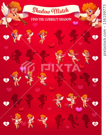 Find the correct shadow of Valentine cherub cupids. Vector silhouette matching game for kids. Puzzle activity with cartoon angels with bow, letter, torch, harp or trumpet on red background with hearts 136199773