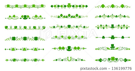 Clover dividers and borders with St Patrick day green shamrocks and hats, vector decorations. Irish ornament with shamrock trefoil clovers and leprechaun hats for Saint Patrick holiday frame borders 136199776