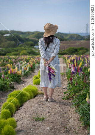 Vertical image of a woman walking through a flower field 136199822