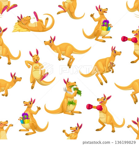 Cartoon kangaroo animals vector seamless pattern. Vector tile background, wallpaper or repeat print with funny kangaroos boxing, jumping, relaxing, carrying gifts, eating food, hopping and sleeping 136199829