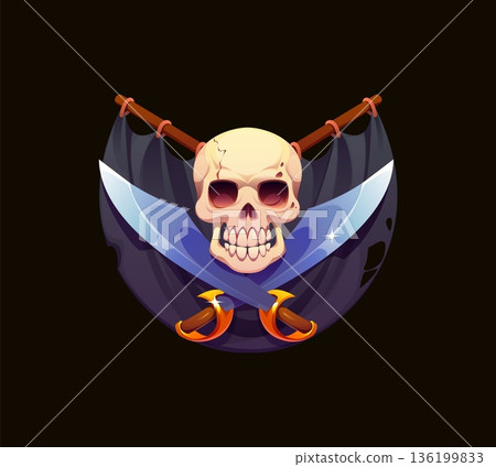 Game asset of pirate skull with crossed sabers and black ship sails. Cartoon vector pirate heraldry icon, heraldic emblem with grinning jolly Roger skull and crossed swords, evokes high seas adventure Game asset of pirate skull with crossed sabers and black ship sails. Cartoon vector pirate heraldry icon, heraldic emblem with grinning jolly Roger skull and crossed swords, evokes high seas adventure 136199833