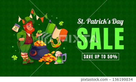 St Patrick day sale banner with leprechaun gold coins and shamrock clover, vector ad poster. Saint Patrick day and Irish holiday sale banner for 50 discount promo or store and shop promotion offer 136199834