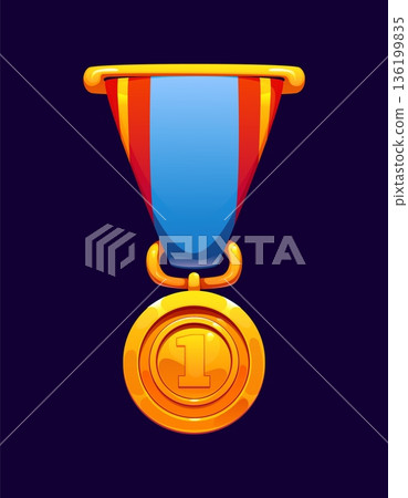 Game shiny golden medal award icon, victory and achievement trophy with embossed number in the center. Cartoon vector winner first place medal hangs on a wide ribbon with red and blue vertical stripes 136199835