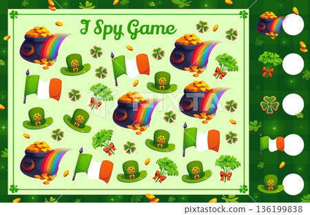 I spy game worksheet with st Patrick day characters. Vector kids educational riddle activity featuring festive elements like pot of gold, rainbow, leprechaun hat, shamrock, Irish flag and gold coins 136199838