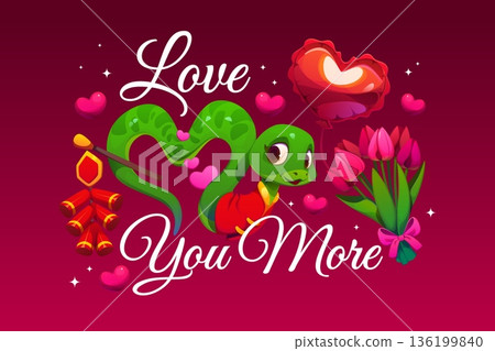 Love you more Valentine day t shirt quote or greeting card with a playful cartoon cute snake in shape of heart holding Chinese petards, surrounded by tulips and hearts. Vector charming joyful message 136199840