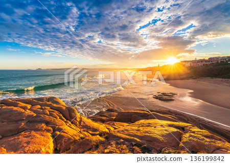 Knight Beach at sunset viewed towards Encounter Bay, Port Elliot, South Australia 136199842
