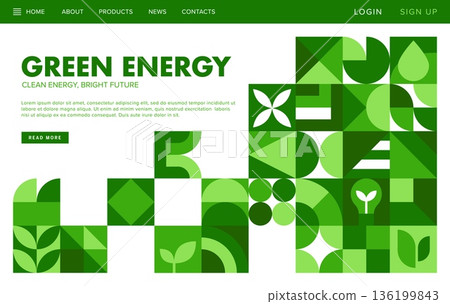 Green energy landing page with modern geometric pattern of vector leaves, sprouts and eco shapes. Green pattern for eco friendly energy and clean sustainable technology and energy conservation Green energy landing page with modern geometric pattern of vector leaves, sprouts and eco shapes. Green pattern for eco friendly energy and clean sustainable technology and energy conservation 136199843