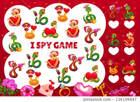 I spy game worksheet with Valentine day snakes. Vector kids riddle educational learning activity puzzle featuring adorable cartoon reptiles in romantic poses and outfits, surrounded by heart and gifts I spy game worksheet with Valentine day snakes. Vector kids riddle educational learning activity puzzle featuring adorable cartoon reptiles in romantic poses and outfits, surrounded by heart and gifts 136199847