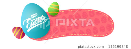 Happy Easter horizontal web banner with turquoise egg lettering and colorful eggs, festive pink patterned header isolated on white. Creative Easter greeting card banner with hand-drawn lettering Happy Easter horizontal web banner with turquoise egg lettering and colorful eggs, festive pink patterned header isolated on white. Creative Easter greeting card banner with hand-drawn lettering 136199848