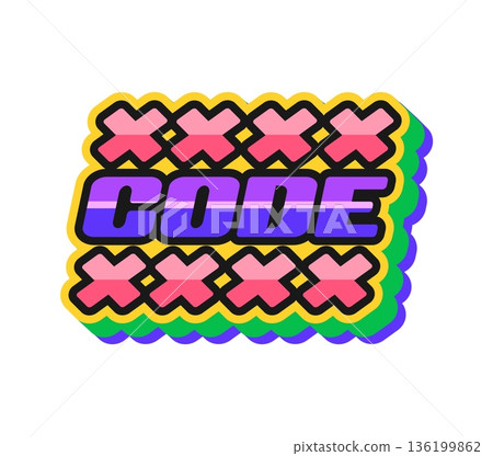 Computer code retro Y2K sticker or print. Retro software vintage vector patch, vintage digital technology Y2K tag. 2000s PC funky sticker or label with vibrant colors typography word 136199862