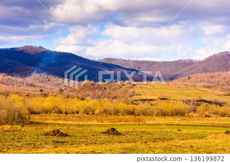 early spring rural landscape in carpathian mountains. beautiful view of countryside scenery with field on a sunny day in march. carbon neutrality and csr visual. esg report greenhouse gas reduction 136199872