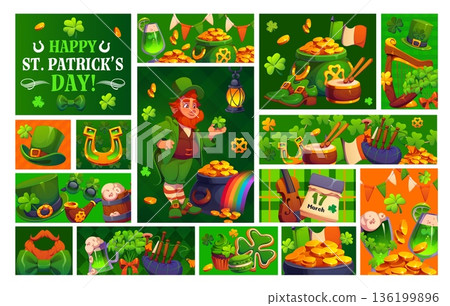 Happy St Patrick Day holiday collage with leprechaun and shamrock clovers, vector posters. Irish bagpipe with lucky horseshoe, leprechaun gold pot with rainbow and green ale for Saint Patrick greeting 136199896