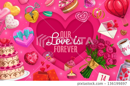 Our love is forever Valentine day quote paper cut greeting card with a bold pink heart shaped frame, surrounded by love elements like rings, flowers, gifts, cakes, letters and romantic typography 136199897