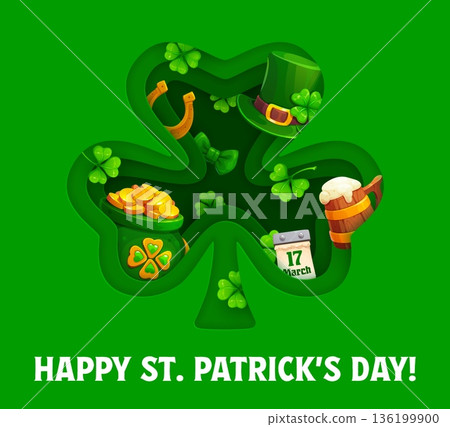 Paper cut happy St Patrick's day banner. Saint Patrick day party vector banner, Irish folk celebration greeting card with papercut shamrock clover leaf, top hat, cauldron with gold and beer tankard 136199900